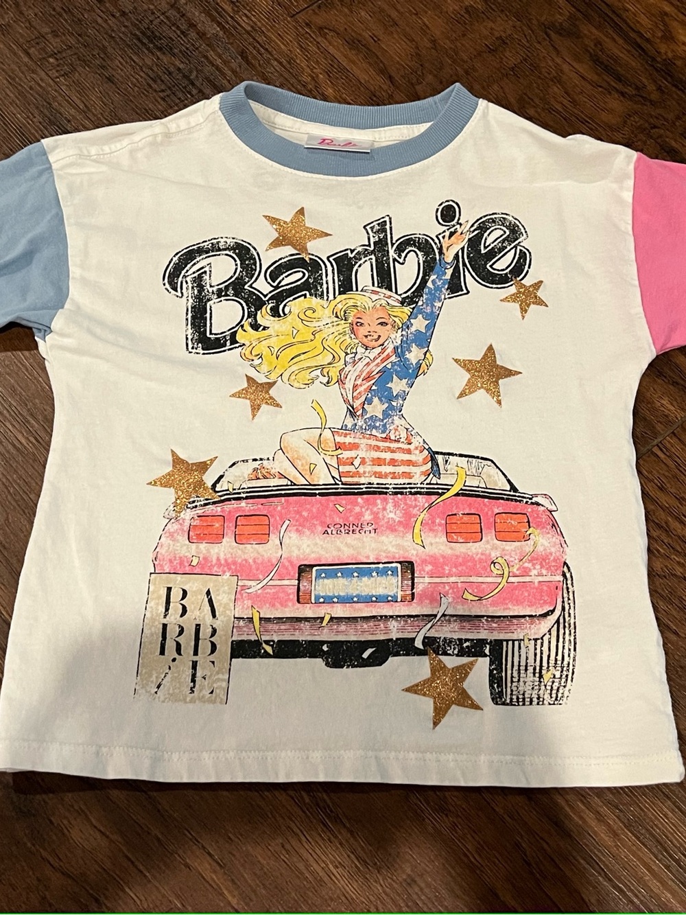 Barbie White Tee with Pink Car and Blue Accents